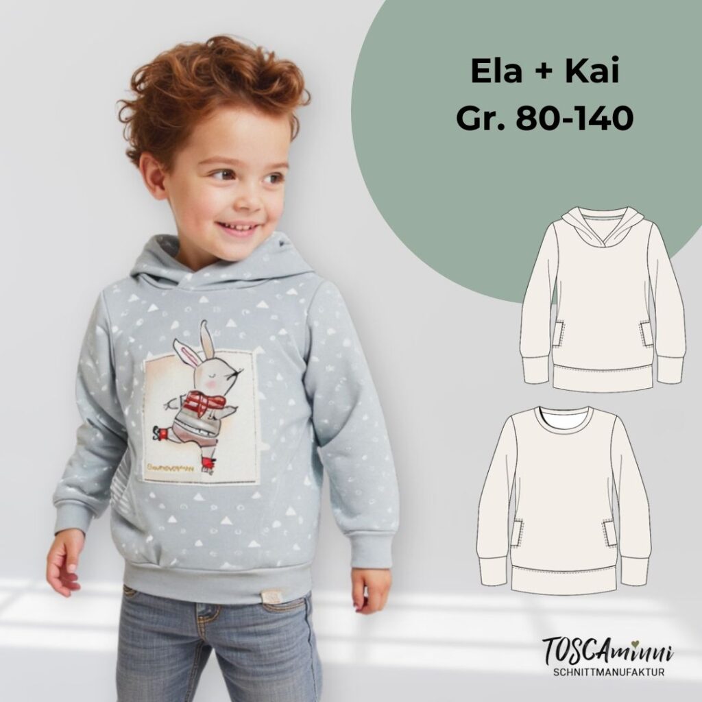 Schnittmuster Kinderhoodie Ela+Kai Gr. 80-140
