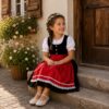 Sitzendes Mädchen im schwarz-roten Kinderdirndl Herzilein mit Knopfleiste.