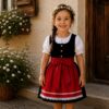 Mädchen im schwarz-roten Kinderdirndl Herzilein mit Bluse und Schürze.