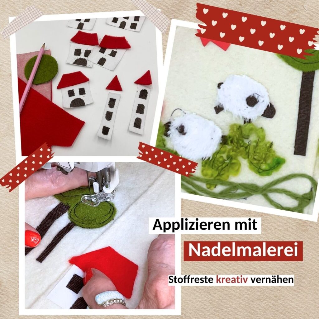 Applizieren mit Stoffresten – fertige Haus- und Landschafts-Applikation auf Kinderkleidung aus Walkstoff | TOSCAminni