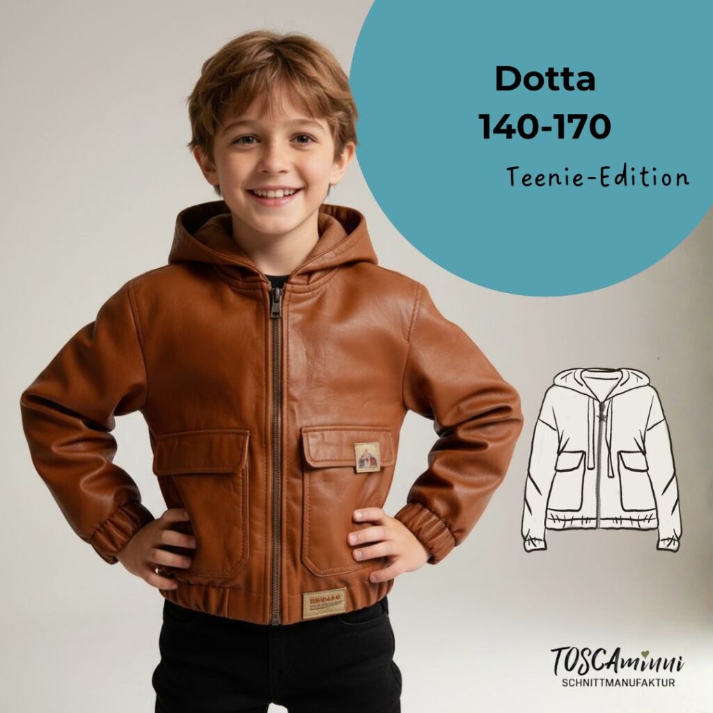 Produktbild mit einem lächelnden Teenie, der die Jacke Dotta aus Kunstleder präsentiert nach einem Schnittmuster von TOSCAminni-Schnittmanufaktur