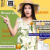 Infographie technique en français pour le patron blouse femme Julie : Tableau des mesures du corps (tailles 34-54), consommation de tissu requise, recommandations de matériel (lin, viscose, mousseline) et table des matières.