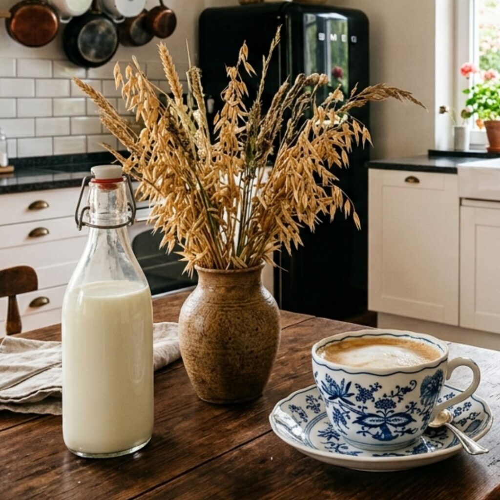 Hafermilch selber machen. Eine dekorative Glasflasche mit selbst gemachter Hafermilch und getrockneten Haferähren auf einem Holztisch,